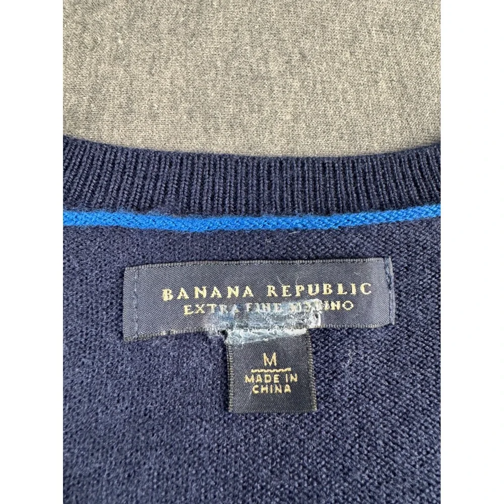 Banana Republic Mens Navy Blue Extra Fine Merino Wool V-Neck Sweater Medium‎
